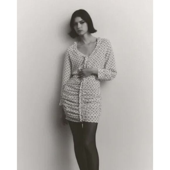 Zara White Black Polka Dot Mini Dress Ruched Draped Size XS Sexy - Picture 16 of 16